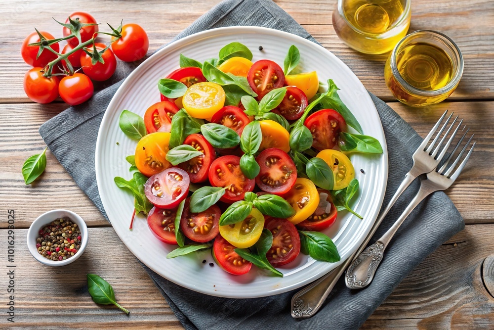 High angle view fresh tomato salad basil arugula white plate light dressing pepper garnish High angle view fresh tomato salad basil arugula white plate light dressing pepper garnish