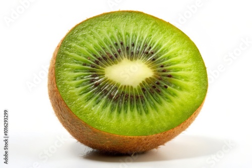 Bright green kiwi fruit, freshly picked and isolated against a pure white background, highlighting its unique texture and sweetness—ideal for food
