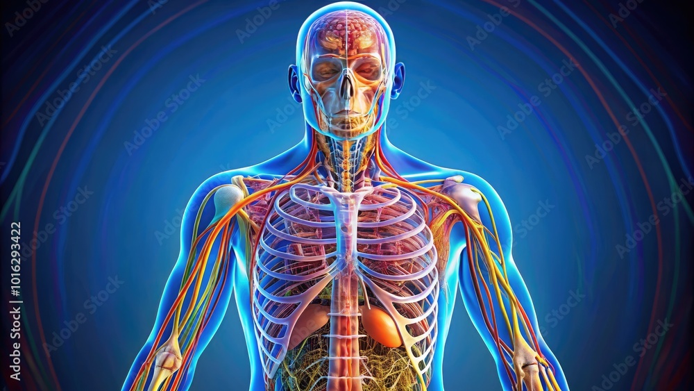 Detailed illustration of human body systems, featuring skeletal, muscular, circulatory, and nervous systems, highlighting organs and anatomical structures in vibrant colors and precise labeling. Detailed illustration of human body systems, featuring skeletal, muscular, circulatory, and nervous systems, highlighting organs and anatomical structures in vibrant colors and precise labeling.