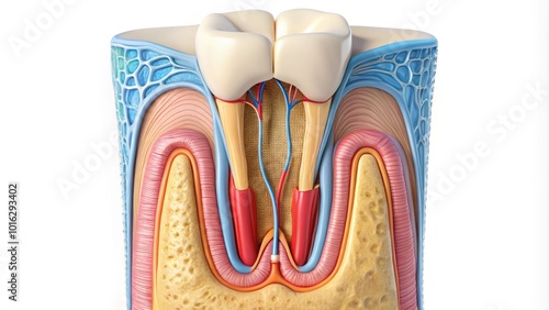 Detailed illustration of a human 1st premolar tooth anatomy, showcasing roots, crown, enamel, dentin, pulp chamber, and canal, with precise labeling and shaded 3D structure. photo