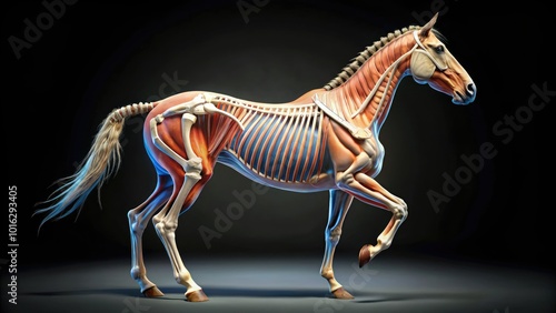 Detailed illustration of a horse's skeletal system, showcasing the intricate structure of bones, muscles, and joints, providing a fascinating glimpse into equine anatomy. photo