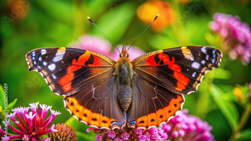 High angle view of a butterfly with red colored wings sitting on a flower