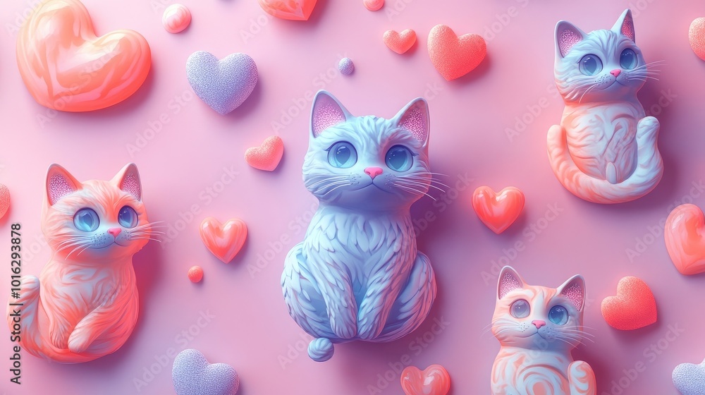 Fototapeta premium Seamless Pattern of Cute Doodle Cats with Swirls and Hearts 3d animation