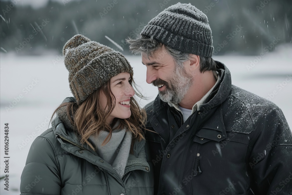 Portrait of a loving couple in winter clothes on a snowy background Portrait of a loving couple in winter clothes on a snowy background