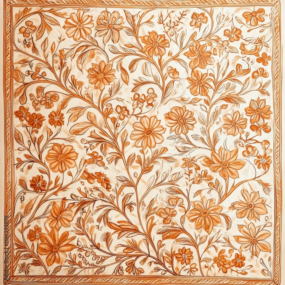 Fototapeta premium A floral pattern featuring intricate designs of various flowers and foliage in warm tones.