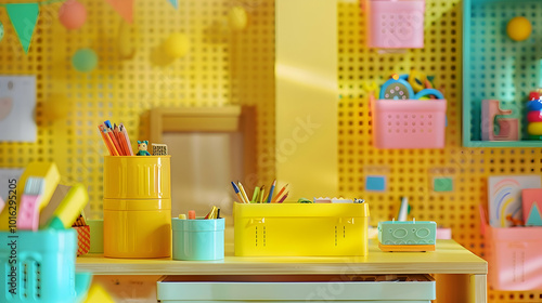 Wallpaper Mural Yellow Yonder: A sunny, yellow-hued desk accessory, with pops of color from brightly painted storage boxes and cheerful desktop toys Torontodigital.ca