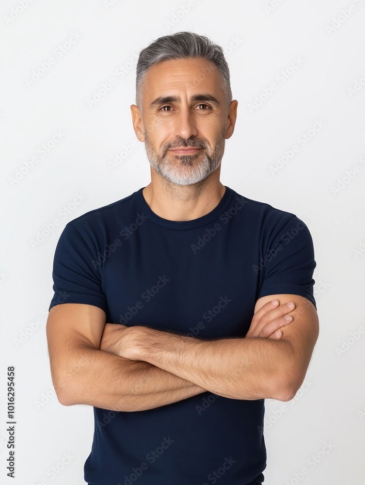 Happy middle aged man isolated on white studio background. Confident mature mid adult handsome male model wearing t-shirt looking at camera with arms crossed. Happy middle aged man isolated on white studio background. Confident mature mid adult handsome male model wearing t-shirt looking at camera with arms crossed.