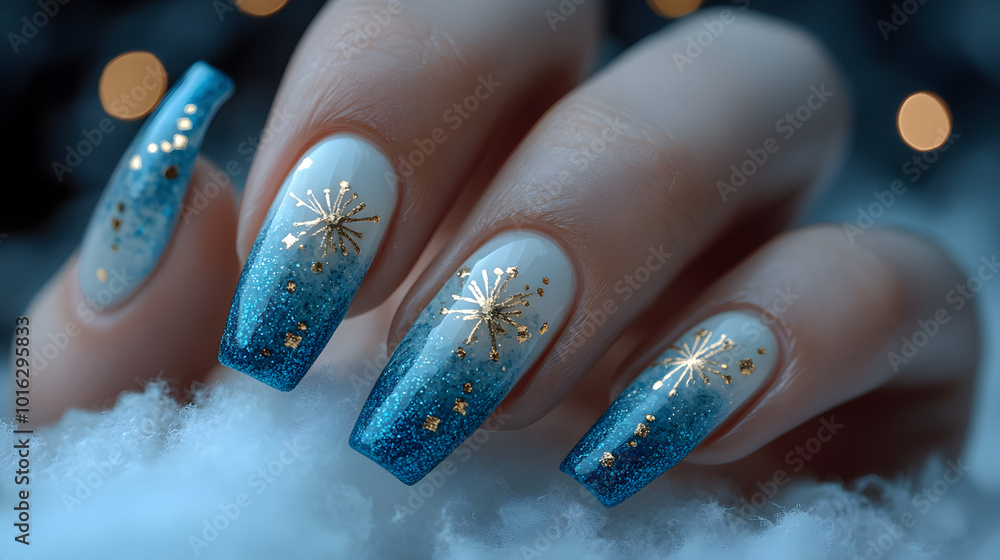 A stylish set of light blue and white nails adorned with elegant gold accents, showcasing a contemporary and chic design. This eye-catching nail art features a perfect blend of colors and textures, re A stylish set of light blue and white nails adorned with elegant gold accents, showcasing a contemporary and chic design. This eye-catching nail art features a perfect blend of colors and textures, re