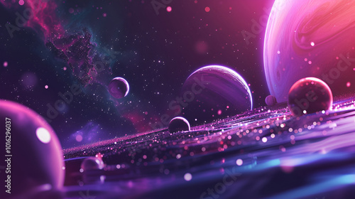 space glowing background with planets universe and stars in holographic purple violet colors copy space Abstract copy space