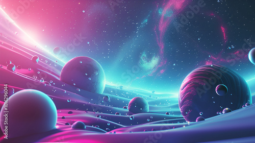 Abstract space background with planets and stars in glow bright blue purple colors poster design