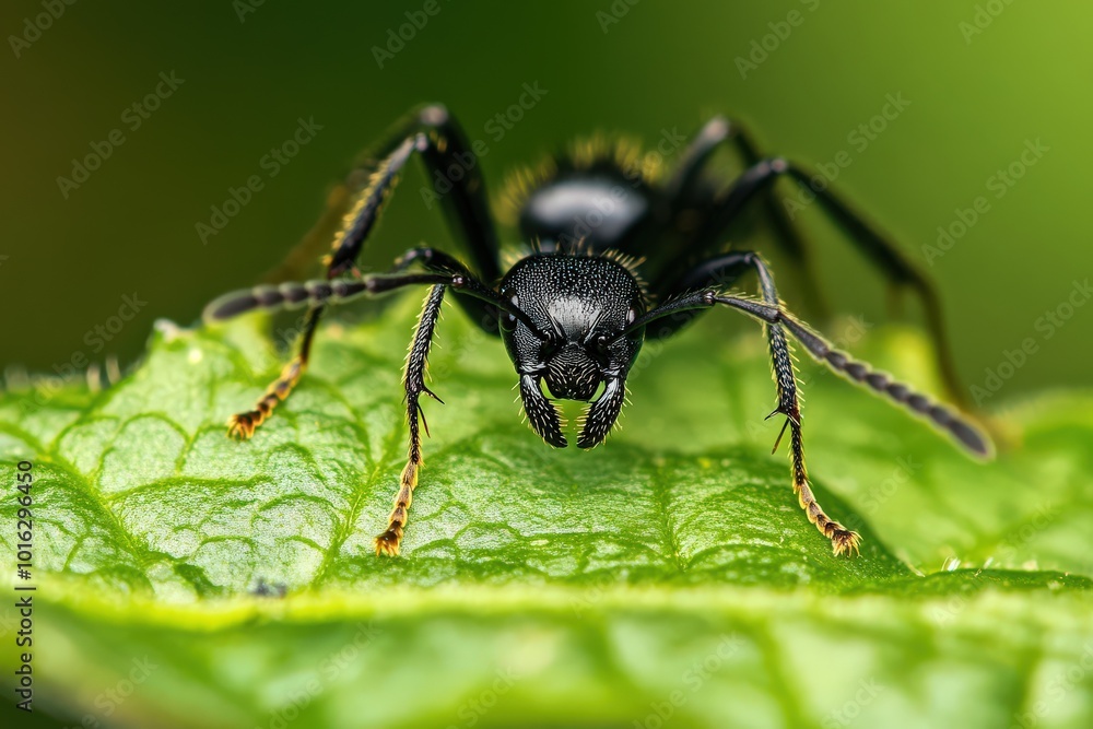 Black Ant. Macro Closeup of Black Ant Insect on Green Leaf in Nature Black Ant. Macro Closeup of Black Ant Insect on Green Leaf in Nature