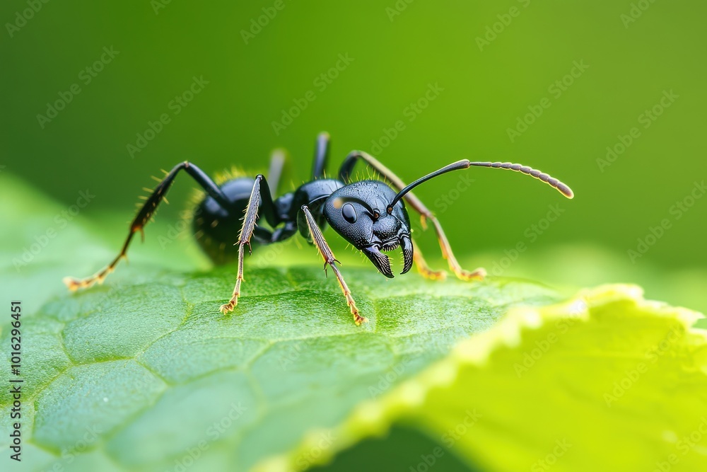 Black Ant on Green Leaf. Macro Closeup of Nature's Insect Black Ant on Green Leaf. Macro Closeup of Nature's Insect