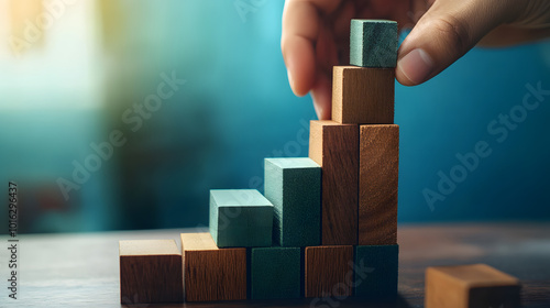 business development and growth success process concept, close up hand arranging wood block stacking, background with copy space