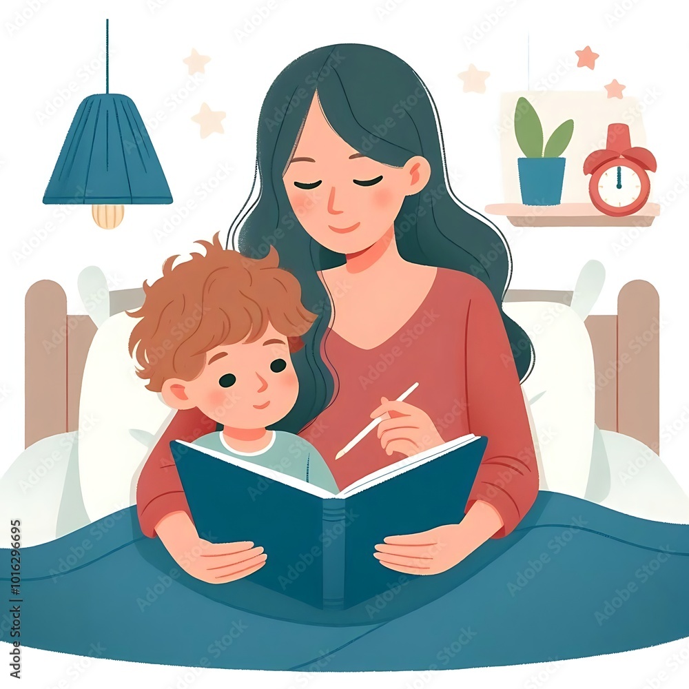 A mother sitting on the bed, reading a bedtime story to her child in flat design style. Cozy family moment, perfect for parenting and childhood-related content. White background. A mother sitting on the bed, reading a bedtime story to her child in flat design style. Cozy family moment, perfect for parenting and childhood-related content. White background.