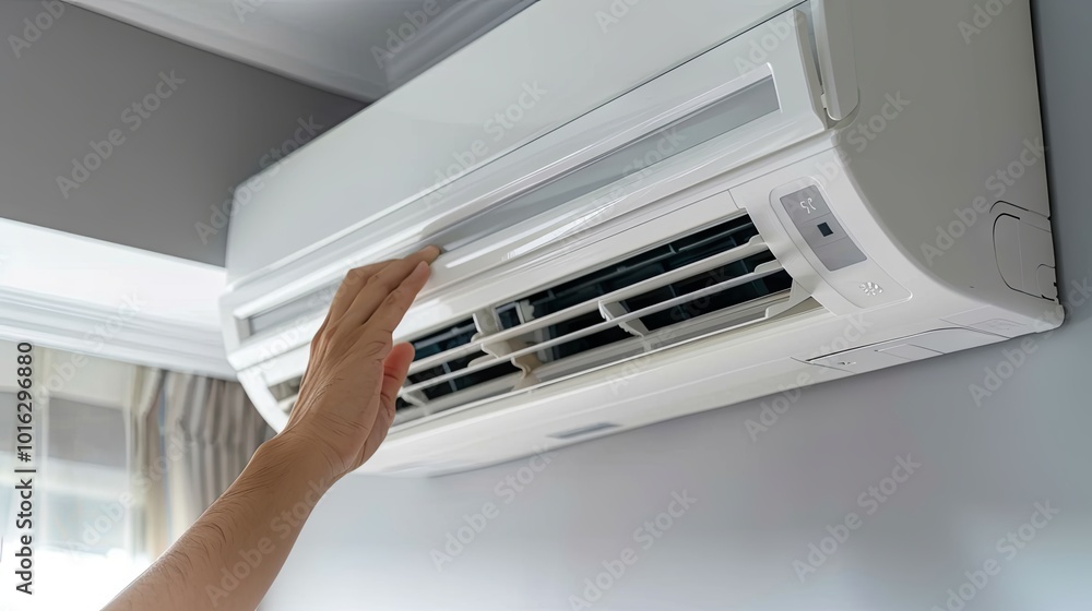 Technician checking the operation of the air conditioner Technician checking the operation of the air conditioner