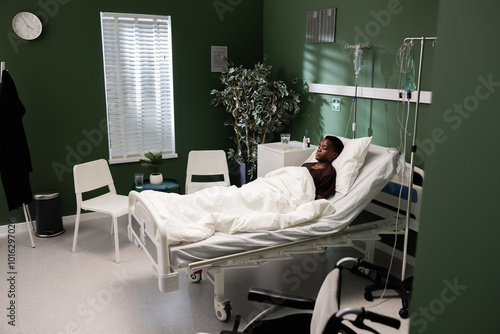 African patient sleeps in the hospital bed. photo