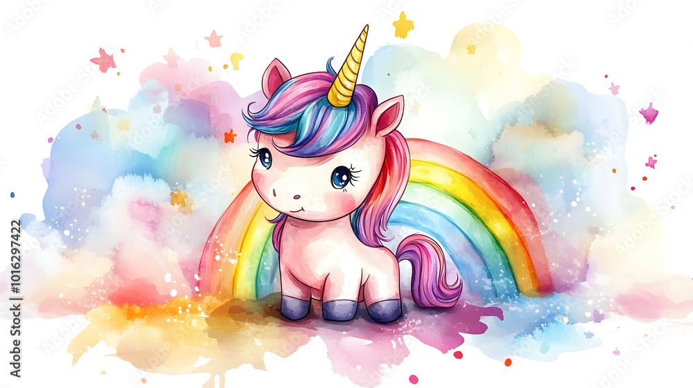 A cute baby unicorn with a rainbow in a horizontal watercolor poster, perfect for adding a whimsical and colorful touch to a children's room. A cute baby unicorn with a rainbow in a horizontal watercolor poster, perfect for adding a whimsical and colorful touch to a children's room.