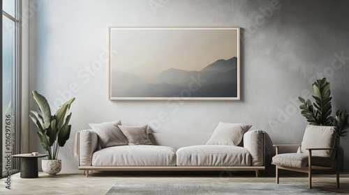 A modern living room featuring a sofa, armchair, and landscape artwork.