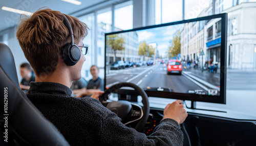 Fahrschüler sitzt am Fahrsimulator in der Fahrschule