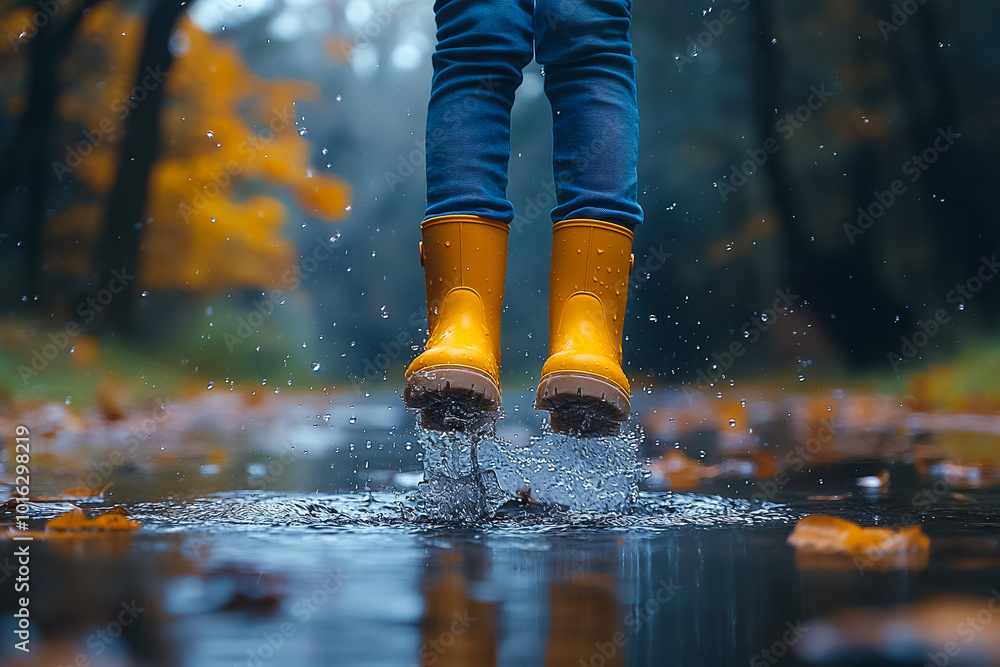 With a big smile, the young girl leaps into a puddle, sending droplets flying as her vibrant yellow boots strike the water. Autumn leaves brighten the scene With a big smile, the young girl leaps into a puddle, sending droplets flying as her vibrant yellow boots strike the water. Autumn leaves brighten the scene