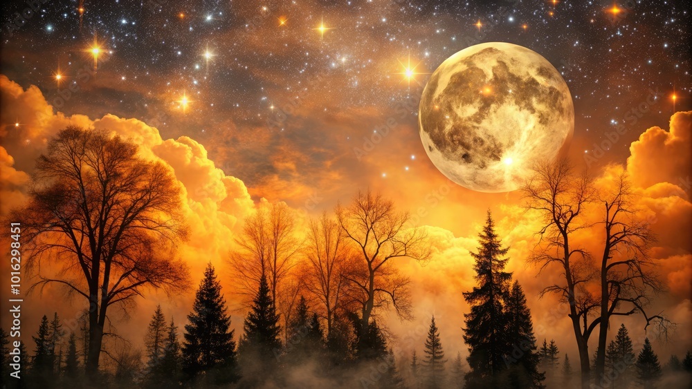 Eerie orange moonlit night sky with wispy clouds, towering trees, and twinkling stars, perfect for spook-tacular Halloween-themed designs, rich in atmosphere and mystery. Eerie orange moonlit night sky with wispy clouds, towering trees, and twinkling stars, perfect for spook-tacular Halloween-themed designs, rich in atmosphere and mystery.