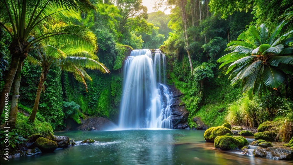 Medium shot of a waterfall in a tropical forest with lush greenery, perfect for a nature-themed wallpaper Medium shot of a waterfall in a tropical forest with lush greenery, perfect for a nature-themed wallpaper