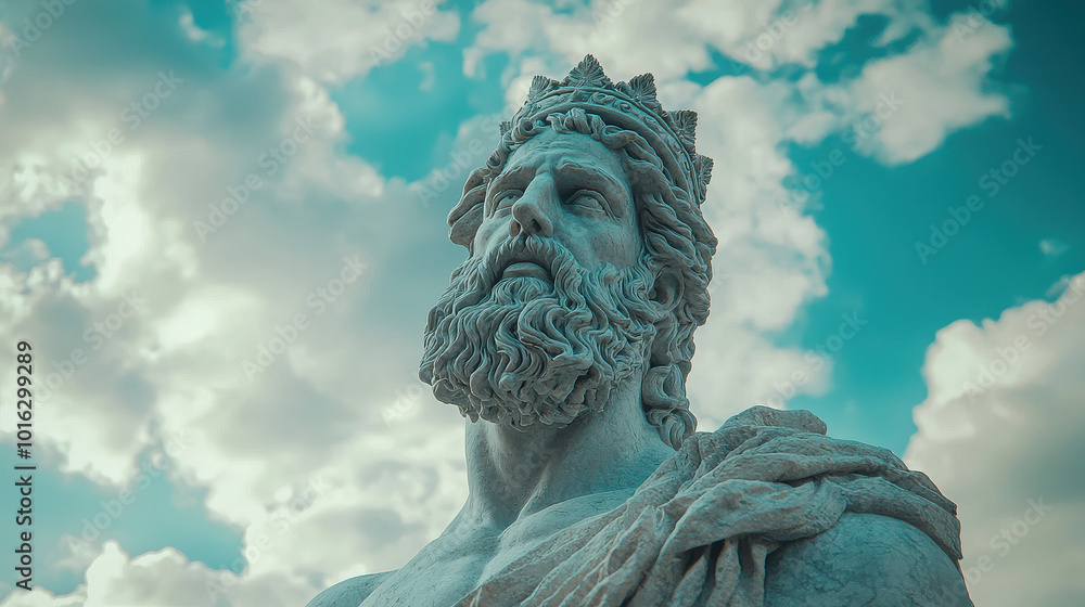 A majestic marble statue depicting a king with a crown and beard, set against a dramatic cloudy sky, showcasing timeless craftsmanship and historical grandeur. A majestic marble statue depicting a king with a crown and beard, set against a dramatic cloudy sky, showcasing timeless craftsmanship and historical grandeur.