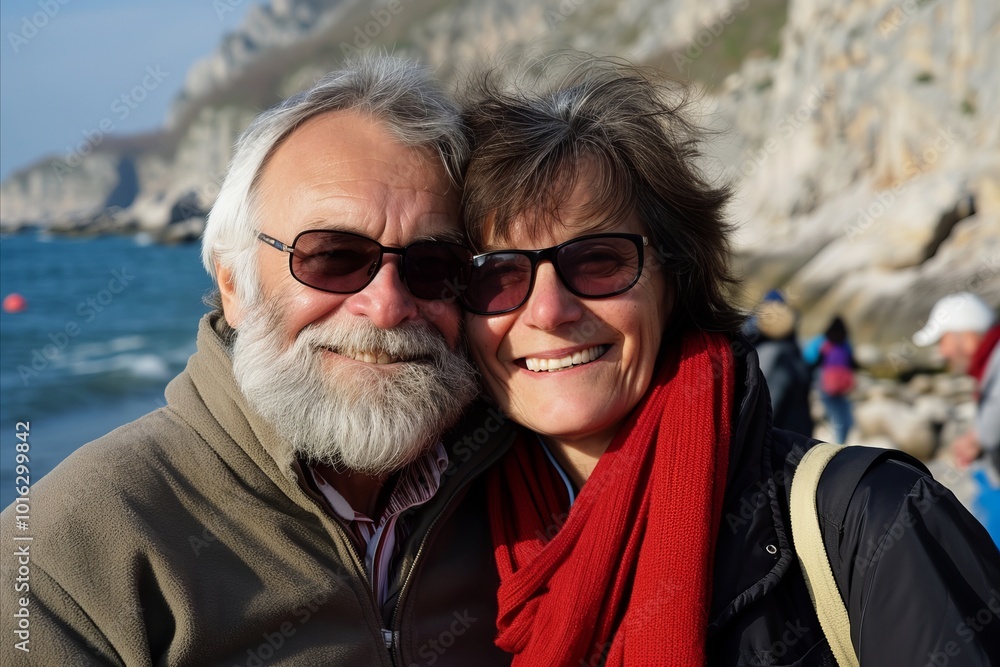 Portrait of happy senior couple on the beach. Mature man and woman in sunglasses and red scarf looking at the camera Portrait of happy senior couple on the beach. Mature man and woman in sunglasses and red scarf looking at the camera