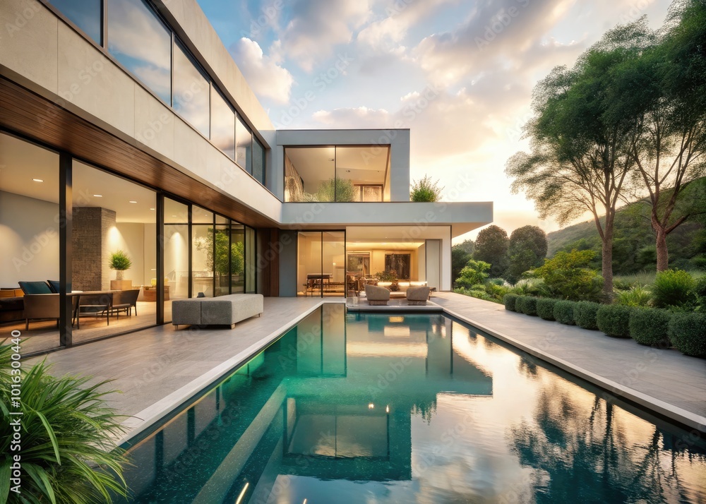 Fototapeta premium Elegant Minimalist Villa Design with Serene Landscape and Modern Aesthetic