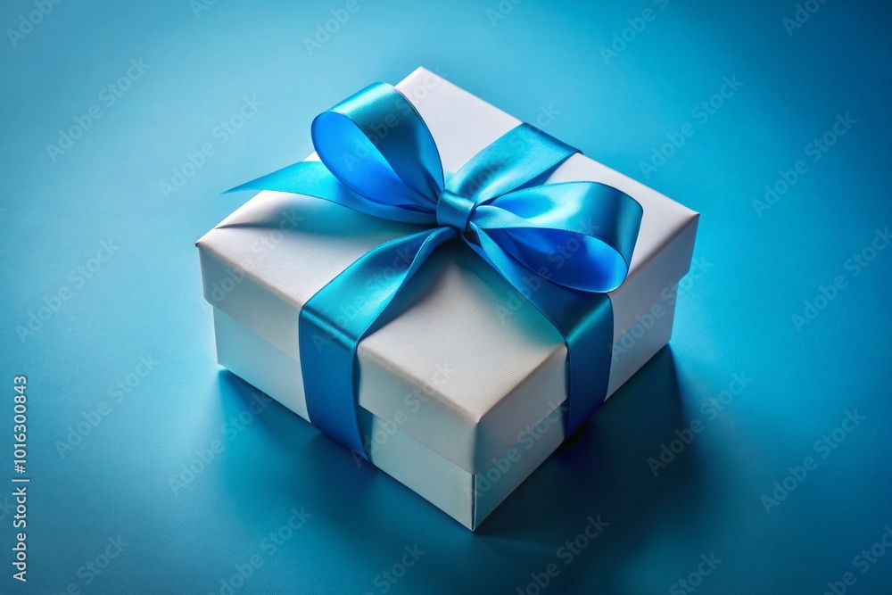 Elegant white gift box with a charming blue ribbon, beautifully displayed on a blue background, perfect for commemorating celebrations and special Elegant white gift box with a charming blue ribbon, beautifully displayed on a blue background, perfect for commemorating celebrations and special