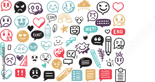 Hand drawn set of colorful charcoal doodle emoji faces with different emotion, heart and pencil punctuation marks. Color charcoal speech bubbles, phrases, underline and highlight text elements icon