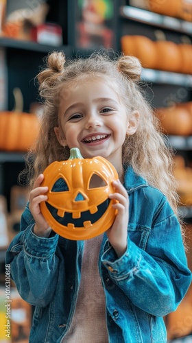 A cheerful girl holds a pumpkin bucket, surrounded by numerous pumpkins in a festive setting photo