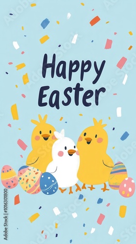 Three adorable chicks gather around vibrant Easter eggs, spreading joy and celebration