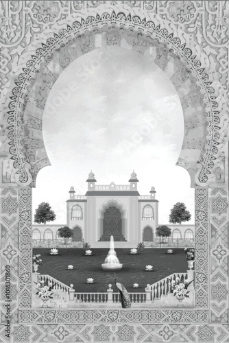 Adobe Illustrator ArtworkTraditional Mughal garden and seated queen frame illustration,Indian Mughal hand drawn floral garden with arch and peacock illustration for invitation