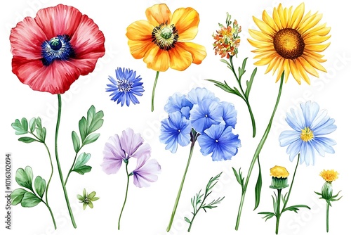 Watercolor wildflowers set Summer flower botanical painting