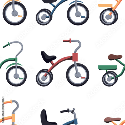 Classic tricycles vector cartoon seamless pattern background.