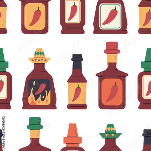 Hot sauces vector cartoon seamless pattern background.