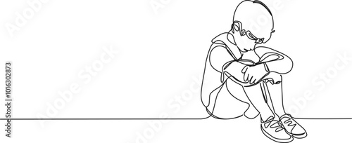 continuous single line drawing of sad boy sitting on floor, line art vector illustration
