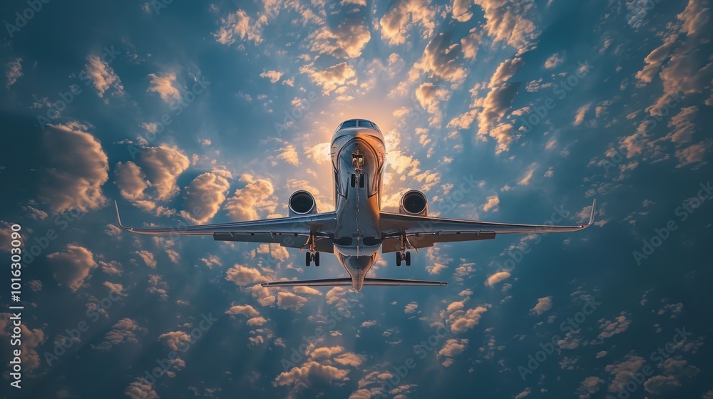 Εκτύπωση καμβά A sleek airplane soaring through a vibrant sky, framed by wispy clouds at dusk near the city skyline