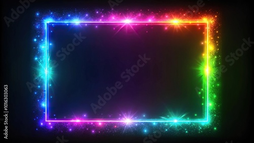 Neon square shape frame with shining effects multi colored on black background Wide-Angle