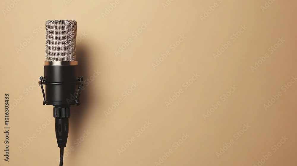 Fototapeta premium A black microphone on a stand against a beige background.