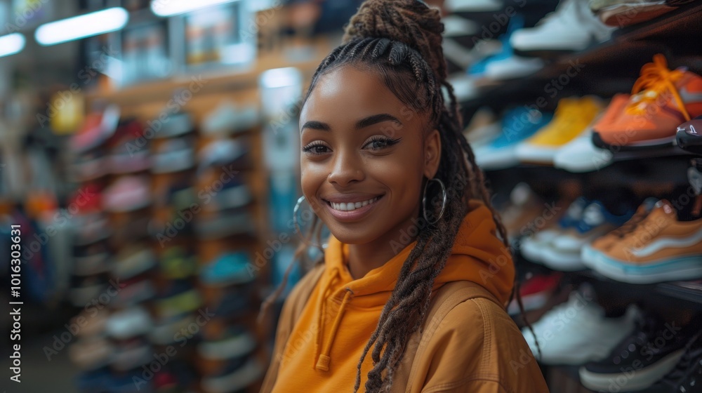 A friendly young African American female employee assisting a customer in a well-organized shoe store A friendly young African American female employee assisting a customer in a well-organized shoe store