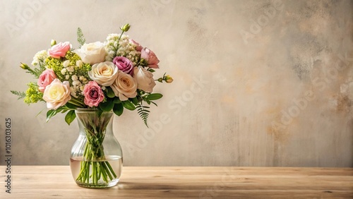 High angle view of beautiful bouquet in vase on table against neutral wall