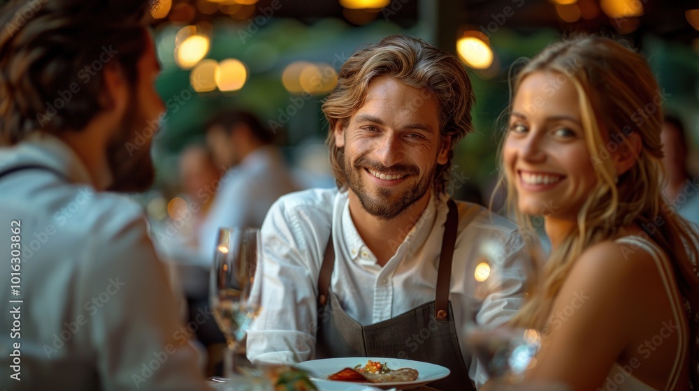 A friendly waiter taking an order from a couple at an elegantly set table A friendly waiter taking an order from a couple at an elegantly set table