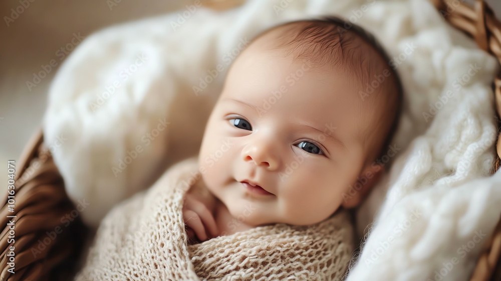 A newborn baby is sleeping soundly and smiling in a knitted blanket. A newborn baby is sleeping soundly and smiling in a knitted blanket.