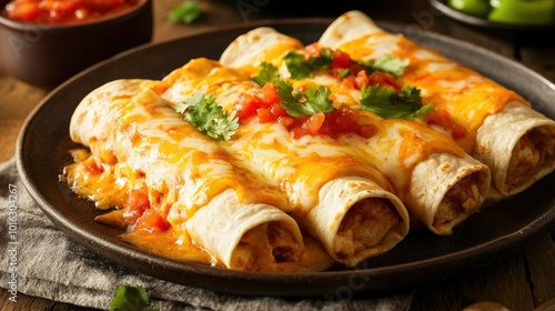 Plate of Mexican rolled tortillas topped with melted cheese and salsa, showcasing a tasty and flavorful meal.