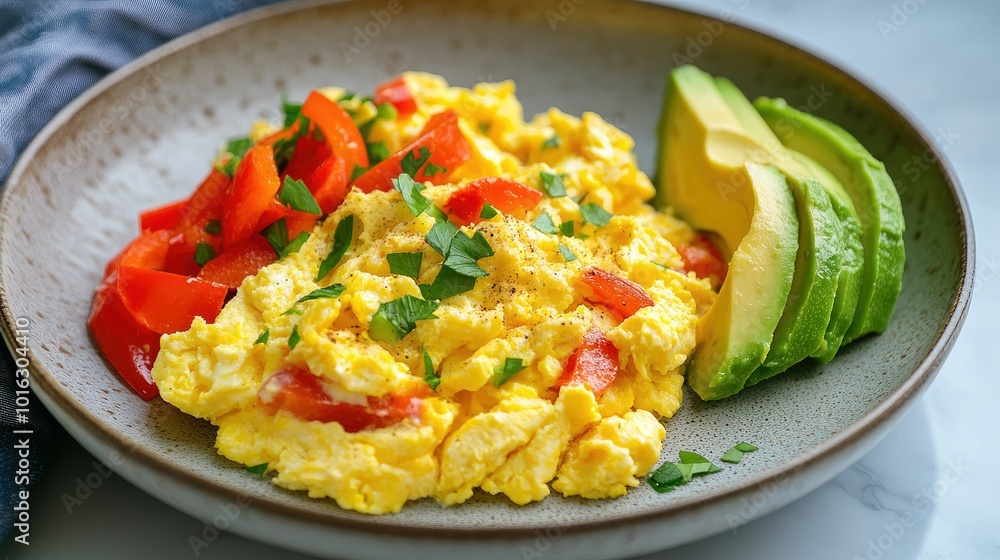 Plate of scrambled eggs with bell peppers and a side of sliced avocado, creating a colorful morning meal. Plate of scrambled eggs with bell peppers and a side of sliced avocado, creating a colorful morning meal.