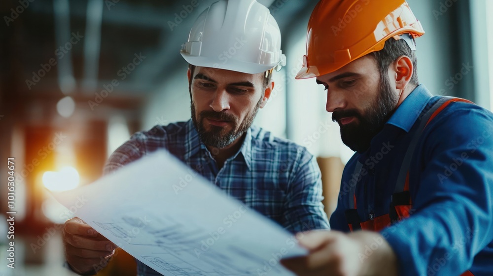 Young male engineer collaborating with a foreman on a project blueprint Young male engineer collaborating with a foreman on a project blueprint