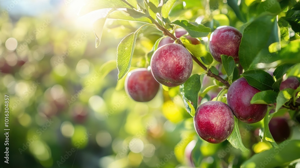 Plum-laden branch in a sunny orchard, showcasing ripe fruits and healthy green leaves. Plum-laden branch in a sunny orchard, showcasing ripe fruits and healthy green leaves.