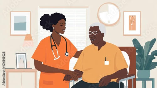 African American nurse helping a senior citizen with medical needs photo